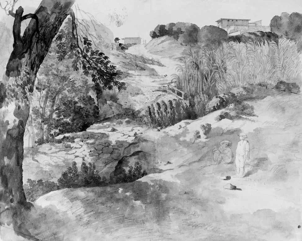 Luigi Basiletti-83-Paesaggio alberato con strada e due ragazzi